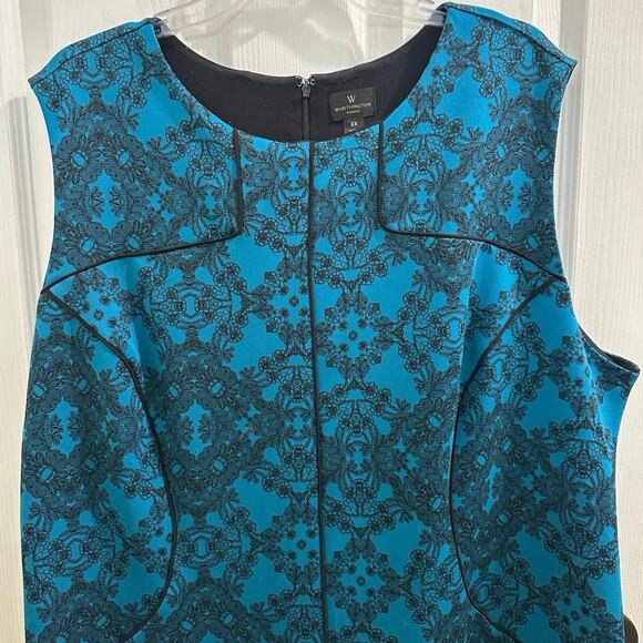 Worthington 2X Pencil Dress Teal Sleeveless Professional Lace Print Midi ! - Picture 3 of 8